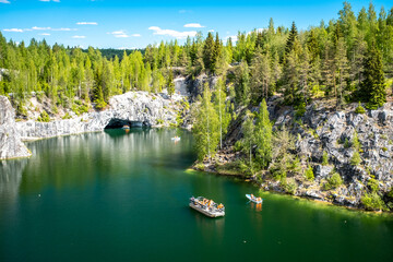Summer landscape in Karelia. Marble canyon in the mountain park of Ruskeala, Russia