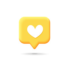 Social media heart like icon concept design. Vector 3d realistic cute cartoon illustration. Notification, speech bubble with heart, button, symbol isolated on white background.