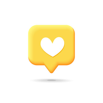 Social media heart like icon concept design. Vector 3d realistic cute cartoon illustration. Notification, speech bubble with heart, button, symbol isolated on white background.