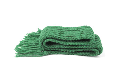 Green warm scarf on a white background