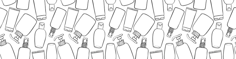 Vector seamless pattern of different outline bottles, tubes, flacons, cosmetic products in doodle style. Texture on theme beauty industry, skin care, hygiene products, toiletries