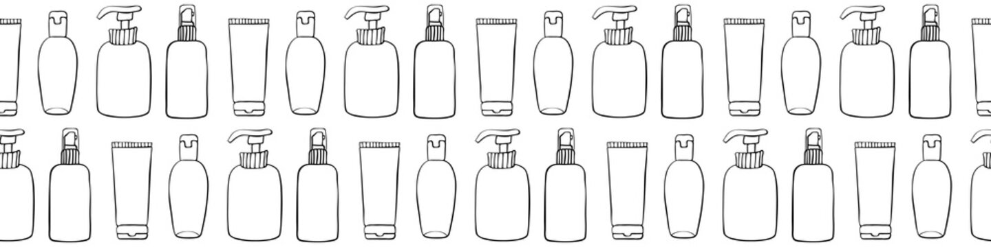 Vector seamless pattern of different outline bottles, tubes, flacons, cosmetic products in doodle style. Texture on theme beauty industry, skin care, hygiene products, toiletries