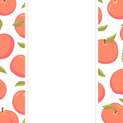 Vertical cute frame with different peaches and leaves. Vector illustration template.