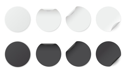 Set of white and black round glued stickers. Blank round paper label template with curled corners.