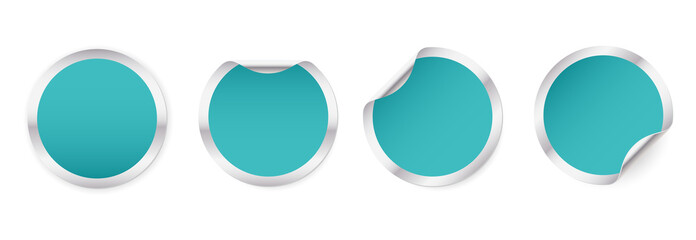 Set of metallic round glued stickers with a blue circle. Blank round paper label template with curled corners.