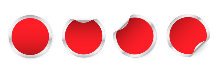 Set of metallic round glued stickers with a red circle. Blank round paper label template with curled corners.