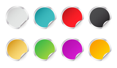 Set of colored metal round glued stickers. Blank round label template with curled corners.