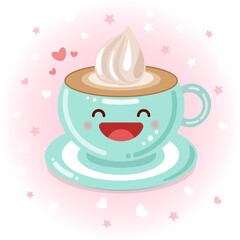 Cute cup of coffee with cream. Vector icon illustration. Sticker cartoon logo. Food  concept.  Flat cartoon style suitable for web landing page, banner, sticker, background. Kawaii cup of coffee.