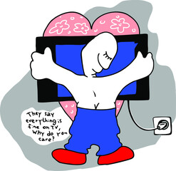 Flat cartoon image of a man hugging a TV. love for propaganda.