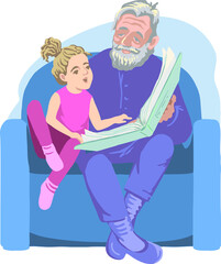 An image of a grandfather and granddaughter sitting in an armchair looking at a large album.