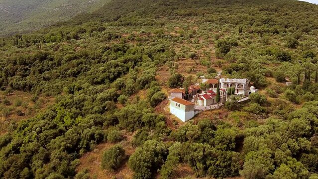 Aerial view of st Georgios church forest landscape in Greece