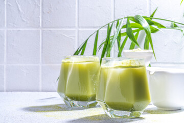 Cold matcha green tea drink. Iced matcha latte cocktail in two glasses with summer tropical palm leaves on white background copy space