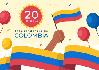 20 De Julio independencia De Colombia Cartoon Illustration with Flags and Balloons for Poster Style Design - obrazy, fototapety, plakaty