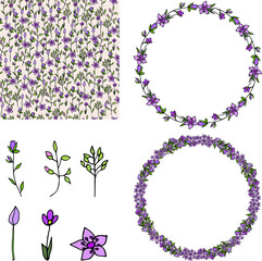 Hand drawn floral elements, wreaths, pattern vector collection