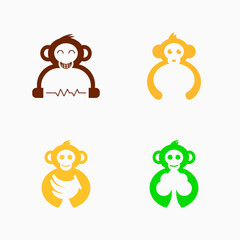 set of monkey logo concept. combination with earphone, banana and tree. simple, minimalist, negative space, modern, line and clean style. suitable for logo, icon, symbol and sign