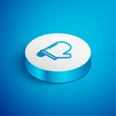 Isometric line Oven glove icon isolated on blue background. Kitchen potholder sign. Cooking glove. White circle button. Vector