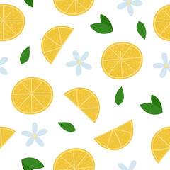 Lemon seamless pattern. Lemon slices, leaves and flowers on white background