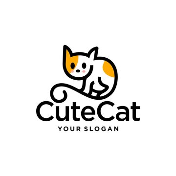 little cat logo design. Cute cartoon logo mascot of white and yellow kitten in outline line style illustration logo vector design.