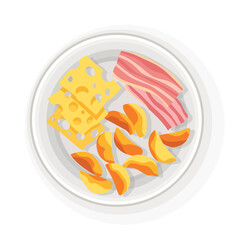 Breakfast or lunch top view. Delicious, healthy food on porcelain dish. Classic hearty breakfast. Nicely served food on white plate