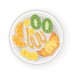 Breakfast or lunch top view. Delicious, healthy food on porcelain dish. Classic hearty breakfast. Nicely served food on white plate