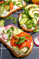 Toast with cream cheese or cottage cheese, with fresh vegetables - tomato, avocado, radish, cucumber, healthy diet spring sandwiches, Scandinavian toasts top view copy space