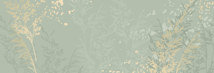 Luxury floral pattern with gold leaves on a pastel green background. Vector illustration with plant and texture for covers, advertisements, wedding invitations, cards, wallpapers