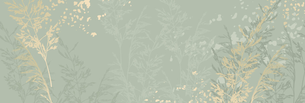 Luxury Floral Pattern With Gold Leaves On A Pastel Green Background. Vector Illustration With Plant And Texture For Covers, Advertisements, Wedding Invitations, Cards, Wallpapers