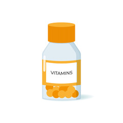 Vector illustration of vitamin in plastic container.  Glass bottle with vitamins in flat style.