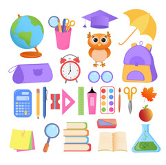 School colorful set with cute owl. Collection for kids education
