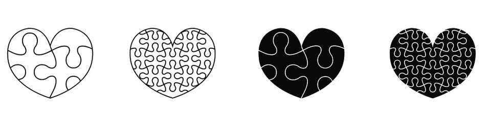 Puzzle pieces icon vector set isolated on white background. Heart illustration sign collection.