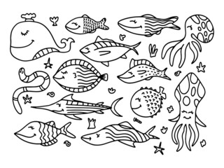 cute fish doodle illustration outline vector