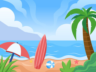 Fototapeta na wymiar Tropical Summer Beach Landscape Vector Illustration with Surfboard, ball, umbrella. Can be used for postcard, banner, web, greeting card, background, etc.
