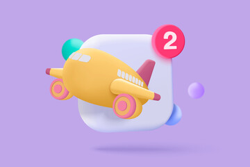 3D plane icon with notification alert speech bubble, online social conversation comment push notice cartoon concept, airplane app icon, chat with social media. 3d reminder render vector illustration