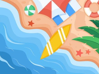 Vector Illustration Top View Summer Beach With umbrellas, Floating rubber ring, Surfboard, ball, starfish.
Can be used for promotion, background, postcard, greeting card, web, social media, etc.