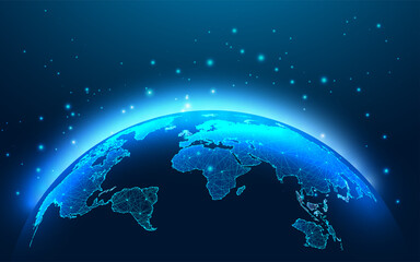 Futuristic global business, network concept with glowing planet Earth map view from space on blue 