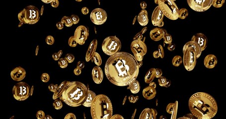 Bitcoin BTC cryptocurrency isolated gold coin rain background. Rotating golden metal coins falling loop abstract concept. Loopable and seamless animation.