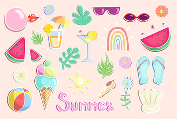 Set of summer icons, stickers and vector elements for design.