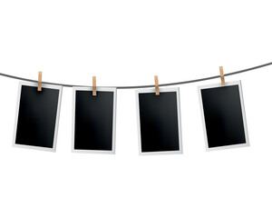 Photo frames hanged on rope. Retro instant photos on thread. Card frame image mockup,  set. Icon design template. Remember the moment