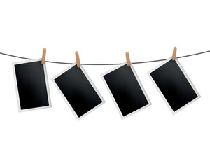 Photo frames hanged on rope. Retro instant photos on thread. Card frame image mockup,  set. Icon design template. Remember the moment