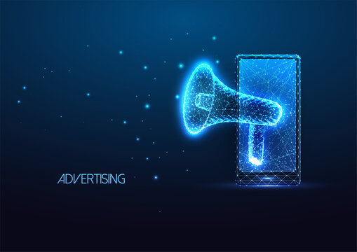 Futuristic online advertising, promotion concept with glowing smartphone and loud speaker 