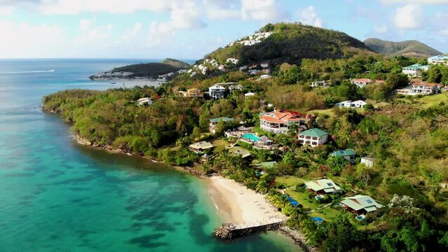 Saint Lucia Castries from above with luxury hotels , St Lucia tropical Island with blue ocean