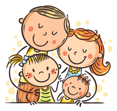 Cartoon doodle parents hugging kids, mother and father embrace their children
