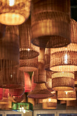 creative plafonds from wicker baskets in the restaurant. plafonds from wooden wicker baskets