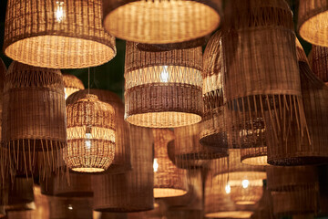 creative plafonds from wicker baskets in the restaurant. plafonds from wooden wicker baskets