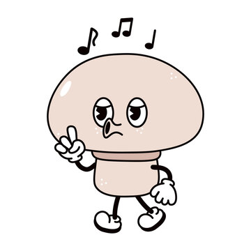 Cute funny mushroom walking singing character. Vector hand drawn traditional cartoon vintage, retro, kawaii character illustration icon. Isolated on white background. Mushroom walk and sing character