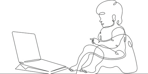 Fototapeta na wymiar One continuous line. The child sits at the laptop. The little child crawls. Newborn at the computer. Baby with a laptop. One continuous line is drawn on a white background.