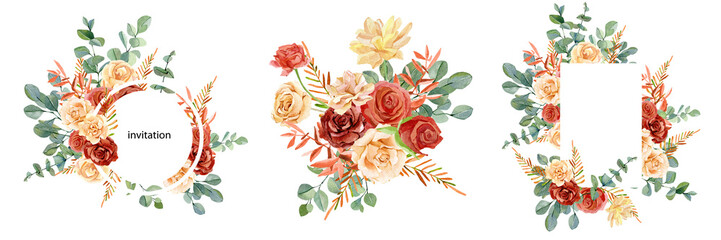 Watercolor floral bouquet, red and peach flowers roses and peonies, eucalyptus leaves. Autumn floral design for wedding invitation, bridal shower, baby shower