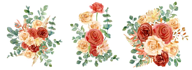 Glasschilderij Bloemen Aquarel bloemenboeket, rode en perzik bloemen rozen en pioenrozen, eucalyptus bladeren. Herfst bloemdessin voor huwelijksuitnodiging, bruids douche, baby shower