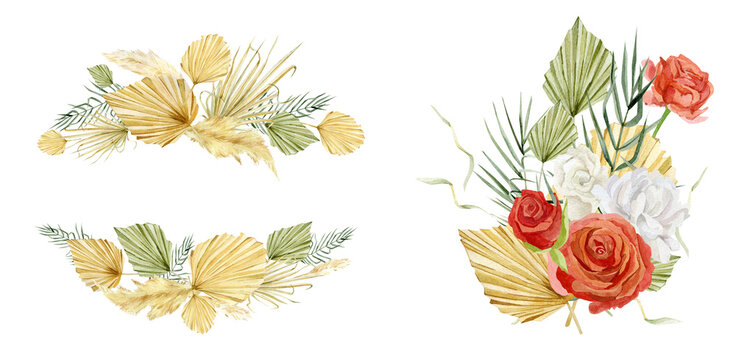 Boho tropical floral arrangement with dried palm leaves, red roses, white peonies. Bohemian botanical invitation for wedding card, bridal shower, baby shower.