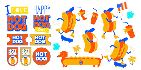 Collection of design elements cartoon hot dogs and stickers. Vector illustration. - 507227512